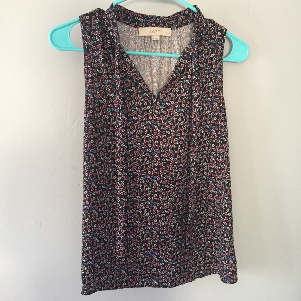 LOFT Floral Tie Neck Mixed Media Shell